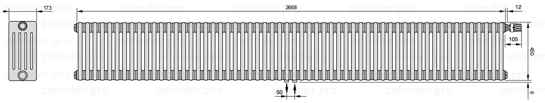 Схема (чертеж) Радиатор Zehnder Charleston 5045/58 №V008 Белый глянцевый RAL 9016
